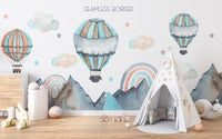 Watercolor mural showcasing balloons floating over natural scenery.
