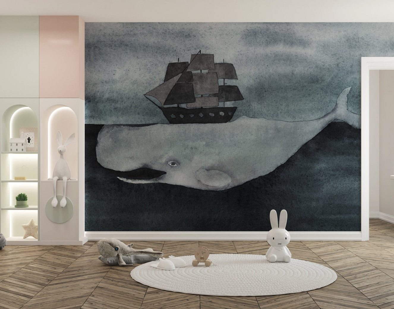 Watercolor ocean whale wall mural with a grey pirate ship in a kids play area.