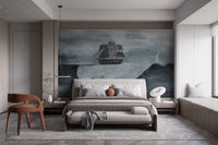 Dark blue watercolor ocean whale wall mural in a modern master bedroom.