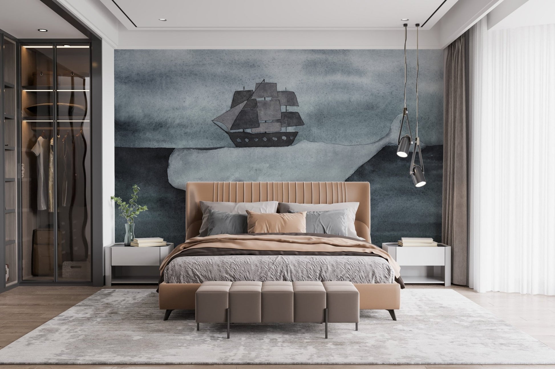 Watercolor ocean whale wall mural behind a brown wooden bed frame and white rug.
