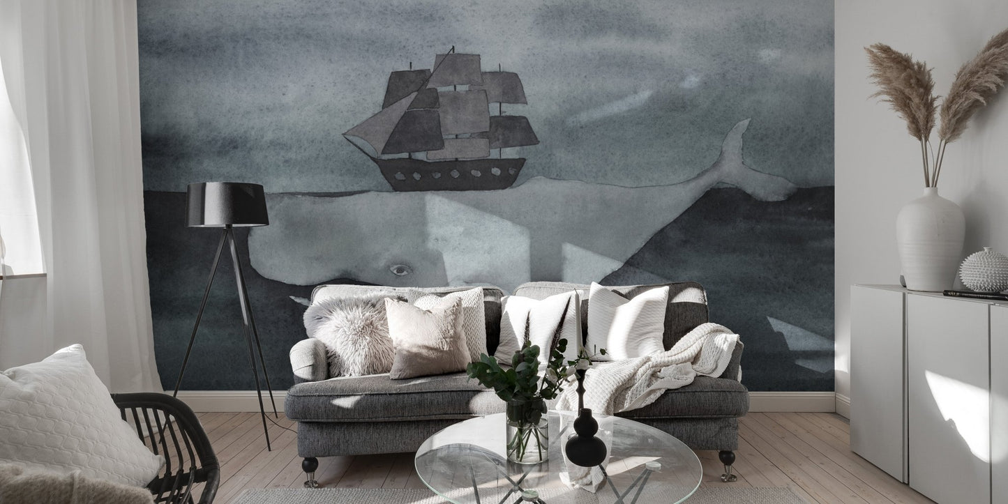 Living room wall mural with dark blue ocean tones and a grey sailing vessel.