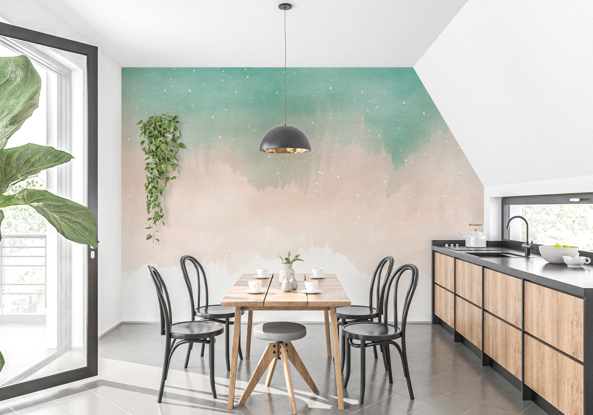 Dining room with teal and peach watercolor ombre wall mural.