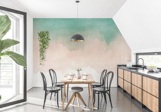 Dining room with teal and peach watercolor ombre wall mural.