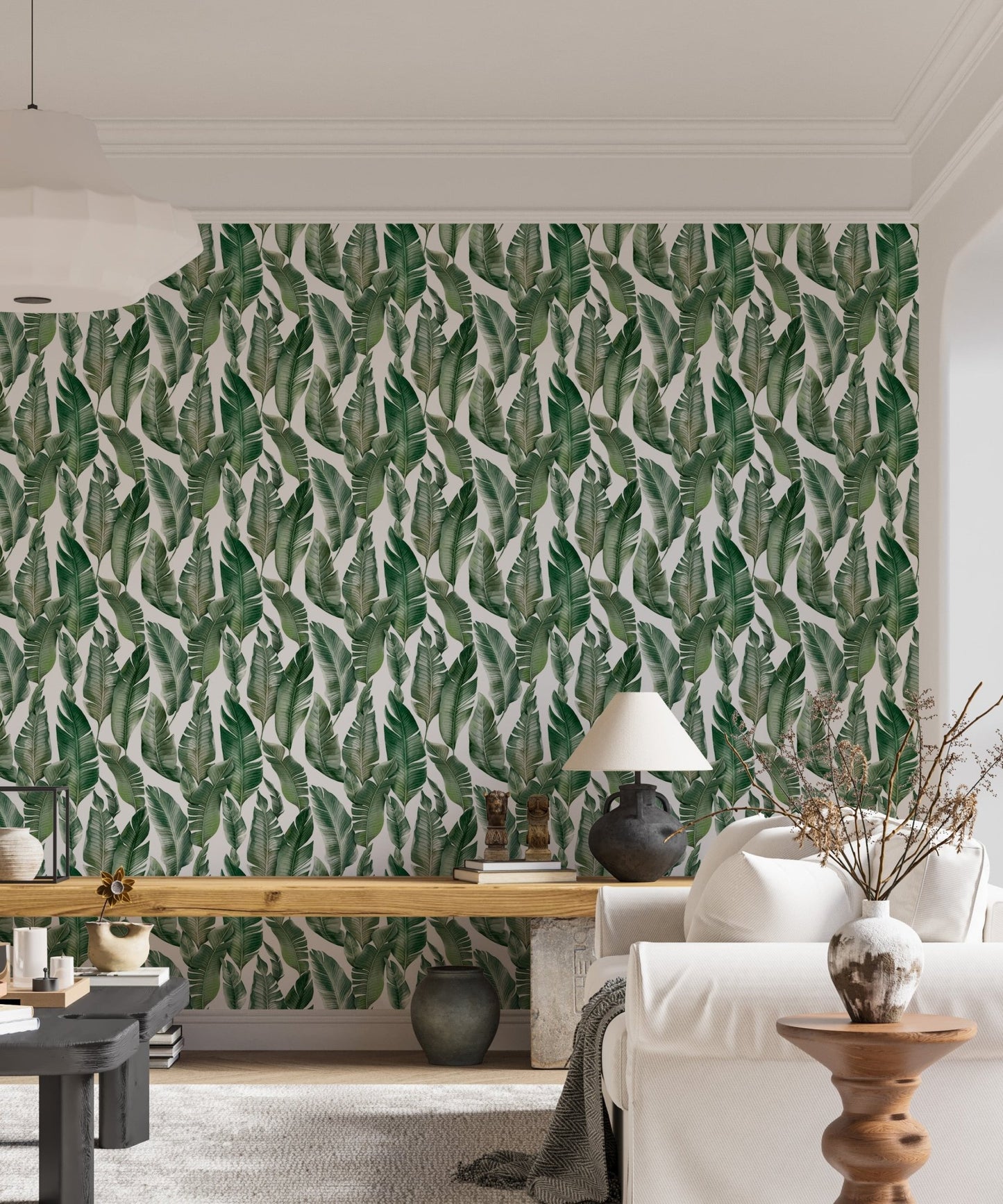 Tropical leaf wallpaper mural design for a bright living room.