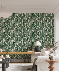 Tropical leaf wallpaper mural design for a bright living room.