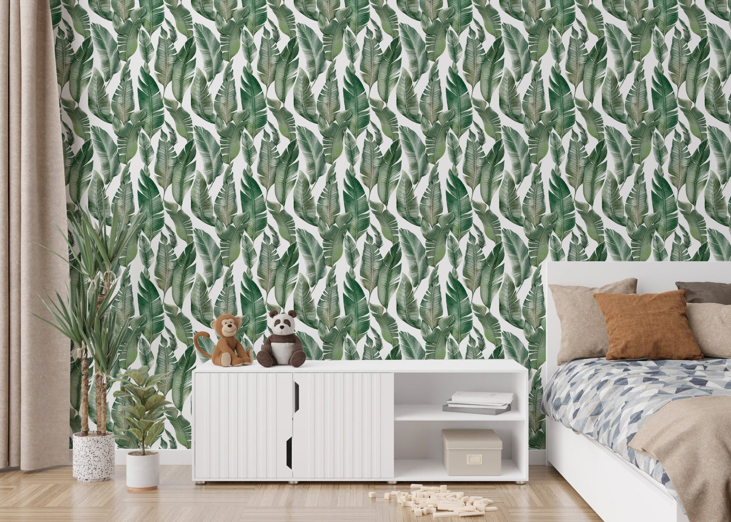 Bedroom interior featuring green palm leaves wallpaper.