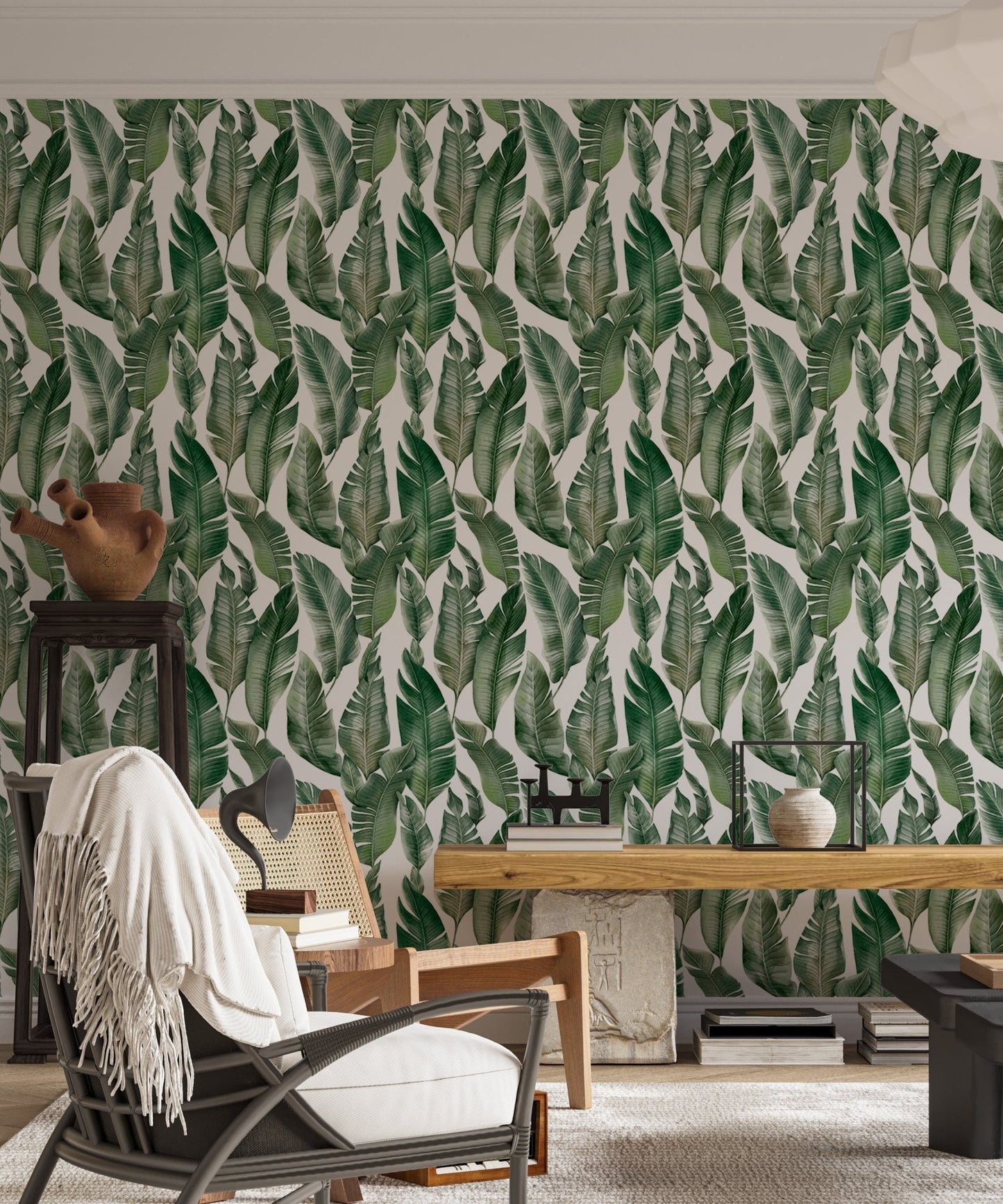 Living room with green palm leaves wallpaper mural decor.