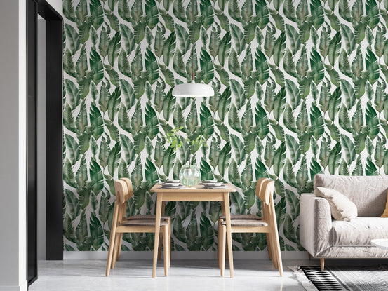 Stylish dining room wallpaper mural with palm leaf pattern.