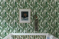 Tropical themed palm wallpaper for an accent wall.