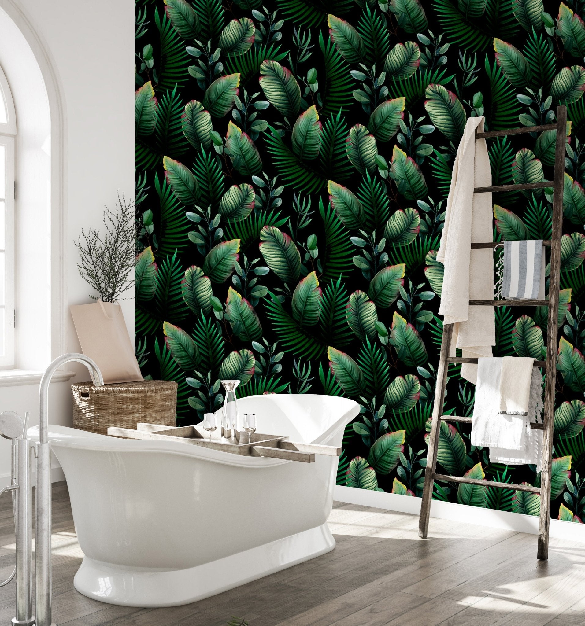 Modern bathroom design showcasing tropical leaf wallpaper on main wall.