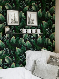 Minimalist living room decorated with lush palm leaf wallpaper pattern.