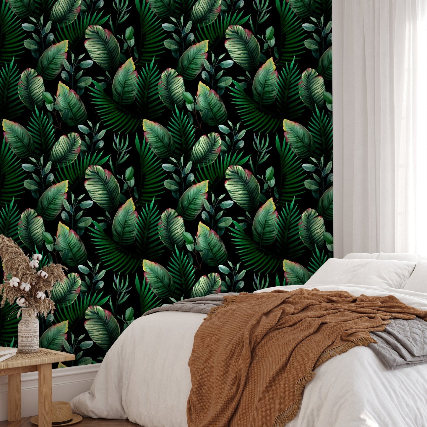 Elegant wallpaper mural showing watercolor palm leaves in a bedroom setting.