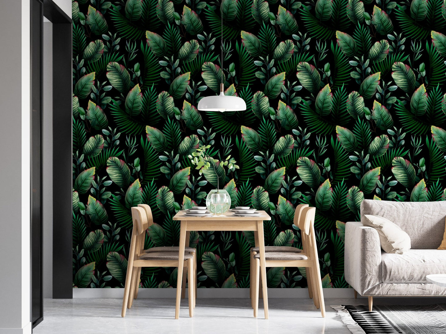Elegant dining area with deep green palm leaf wallpaper background.