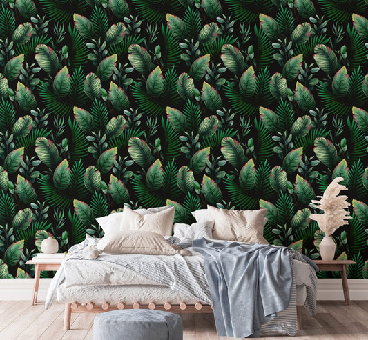 Bedroom featuring dark green Watercolor Palm Tropical Leaf Green Wallpaper.