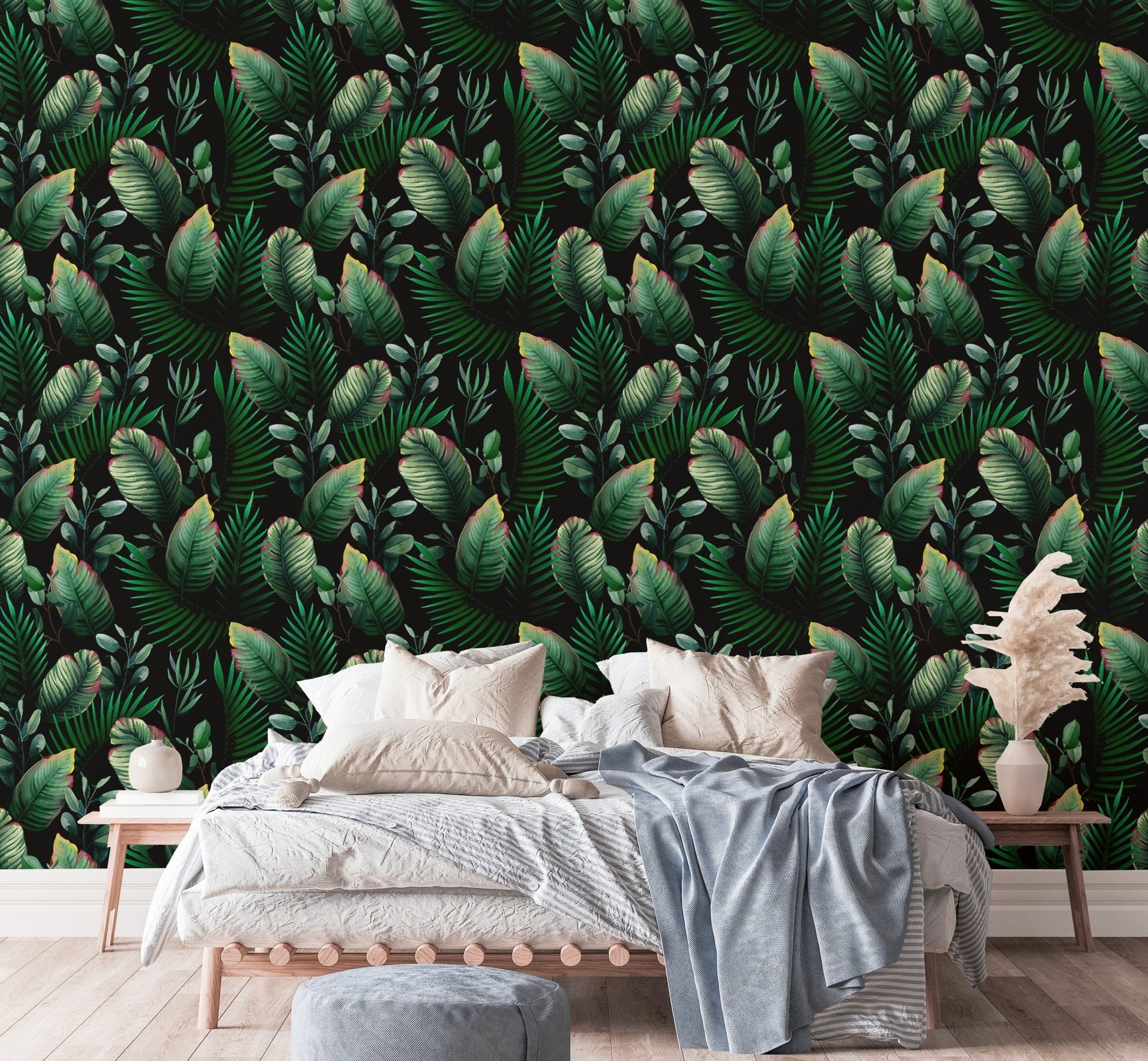 Bedroom featuring dark green Watercolor Palm Tropical Leaf Green Wallpaper.