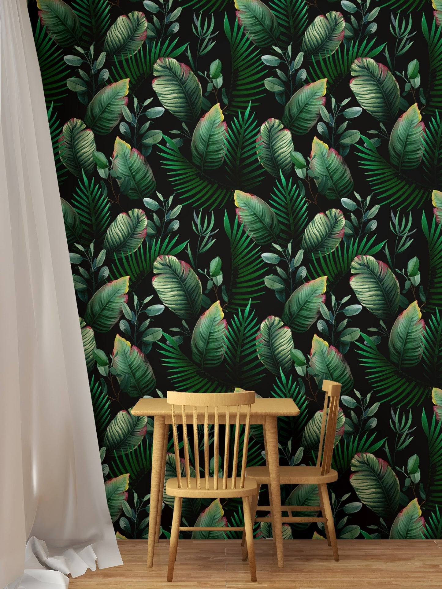 A cozy study area with dark botanical wallpaper mural and wooden furniture.