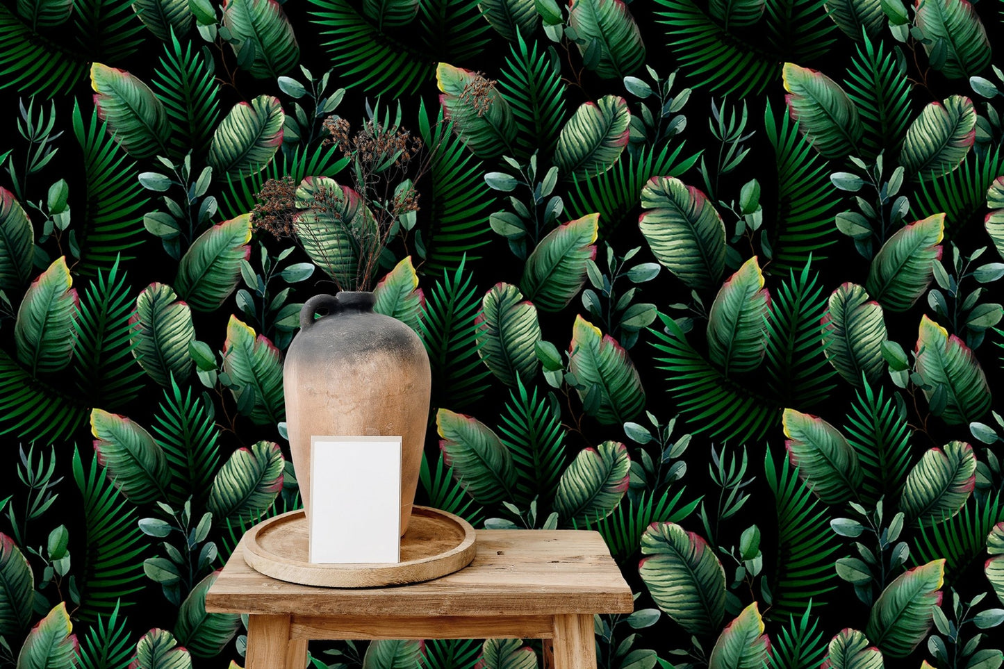 Home space featuring natural green wallpaper mural on the main wall.