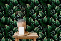 Home space featuring natural green wallpaper mural on the main wall.