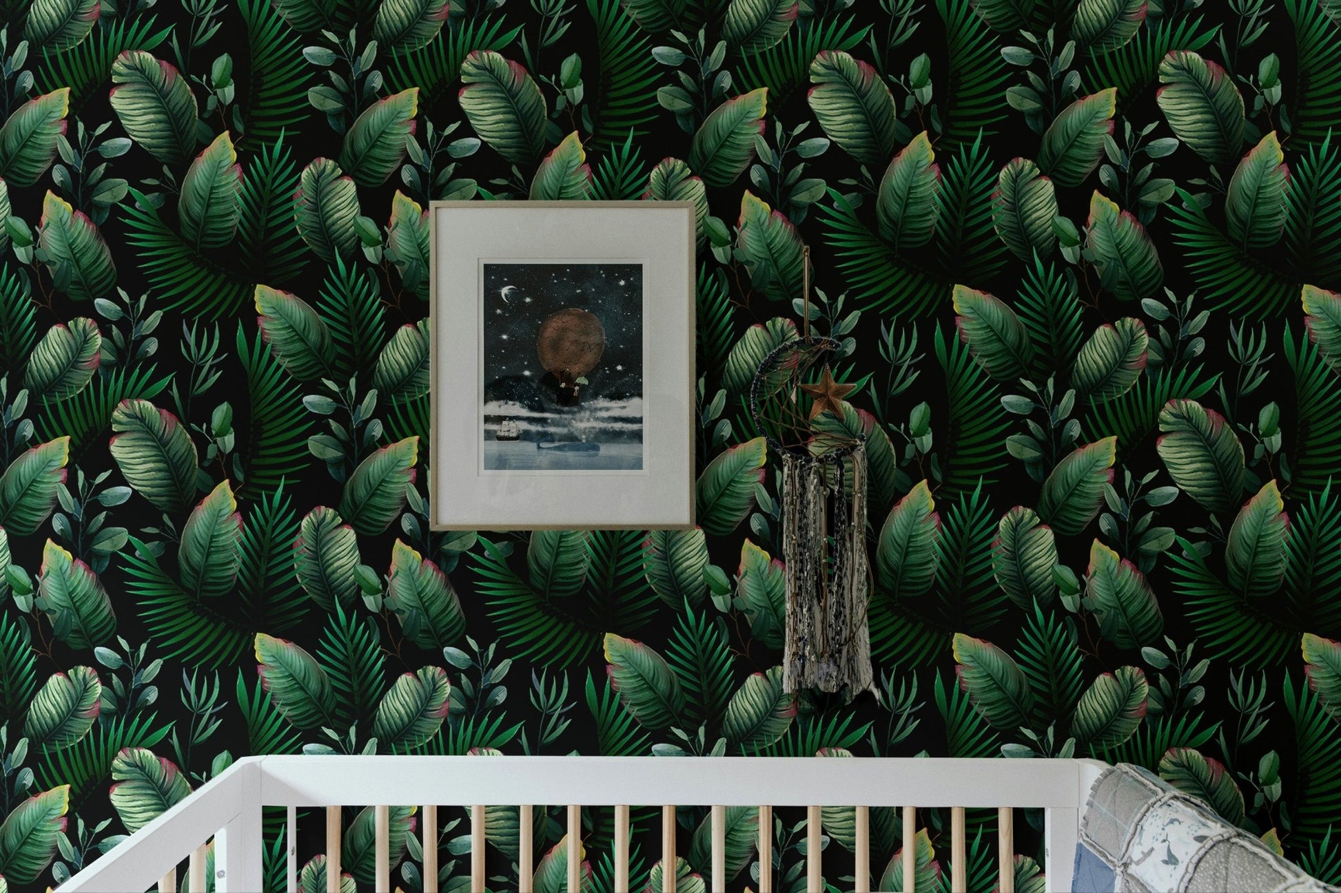 Feature wall design using dark palm tropical leaf wallpaper in a home.