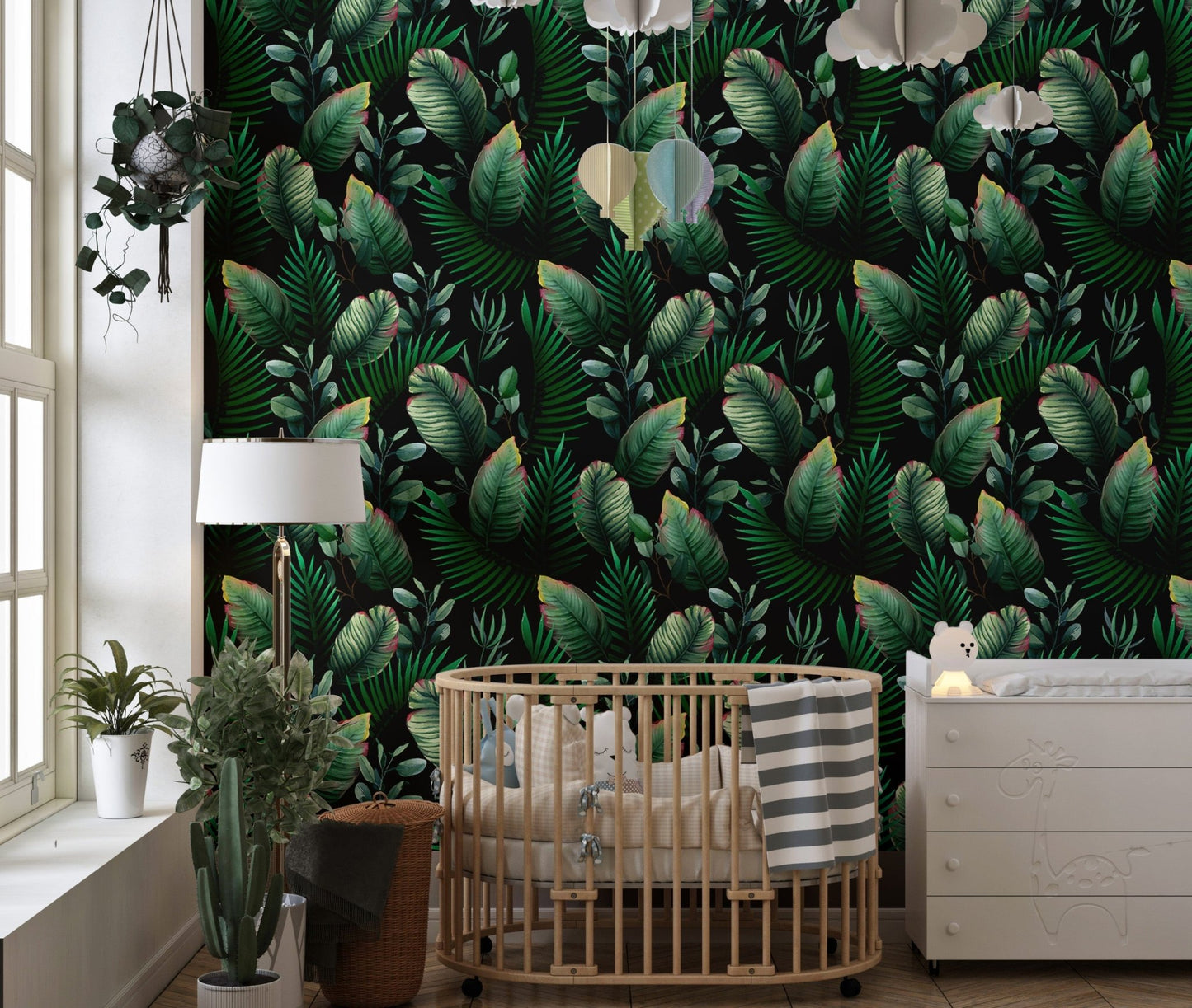 Botanical theme wallpaper mural applied in a bright and airy toddler space.