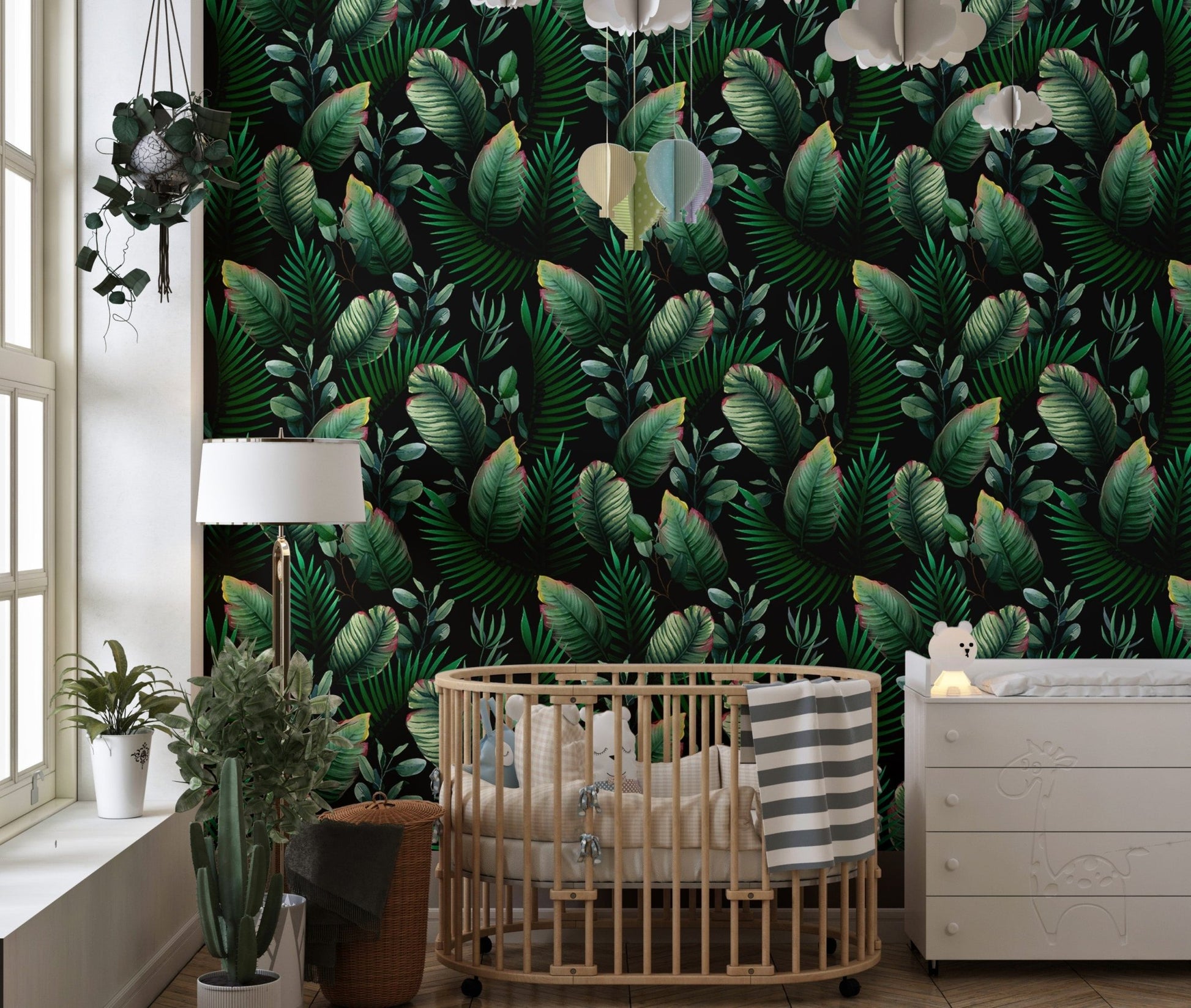 Botanical theme wallpaper mural applied in a bright and airy toddler space.