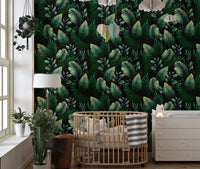 Botanical theme wallpaper mural applied in a bright and airy toddler space.