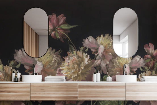 Watercolor peony blossom wallpaper mural with pink flowers on black background.