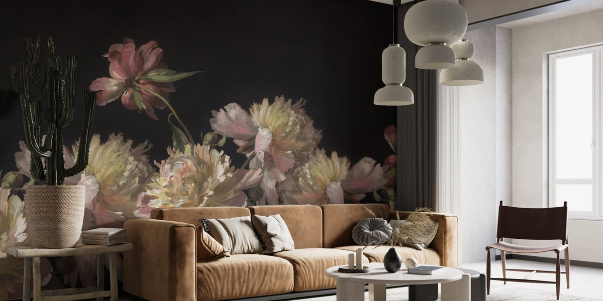 Vintage style peony blossom wallpaper with detailed petal textures.