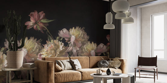 Vintage style peony blossom wallpaper with detailed petal textures.