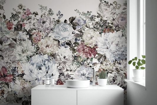 Watercolor peony wallpaper mural with large white botanical blooms.