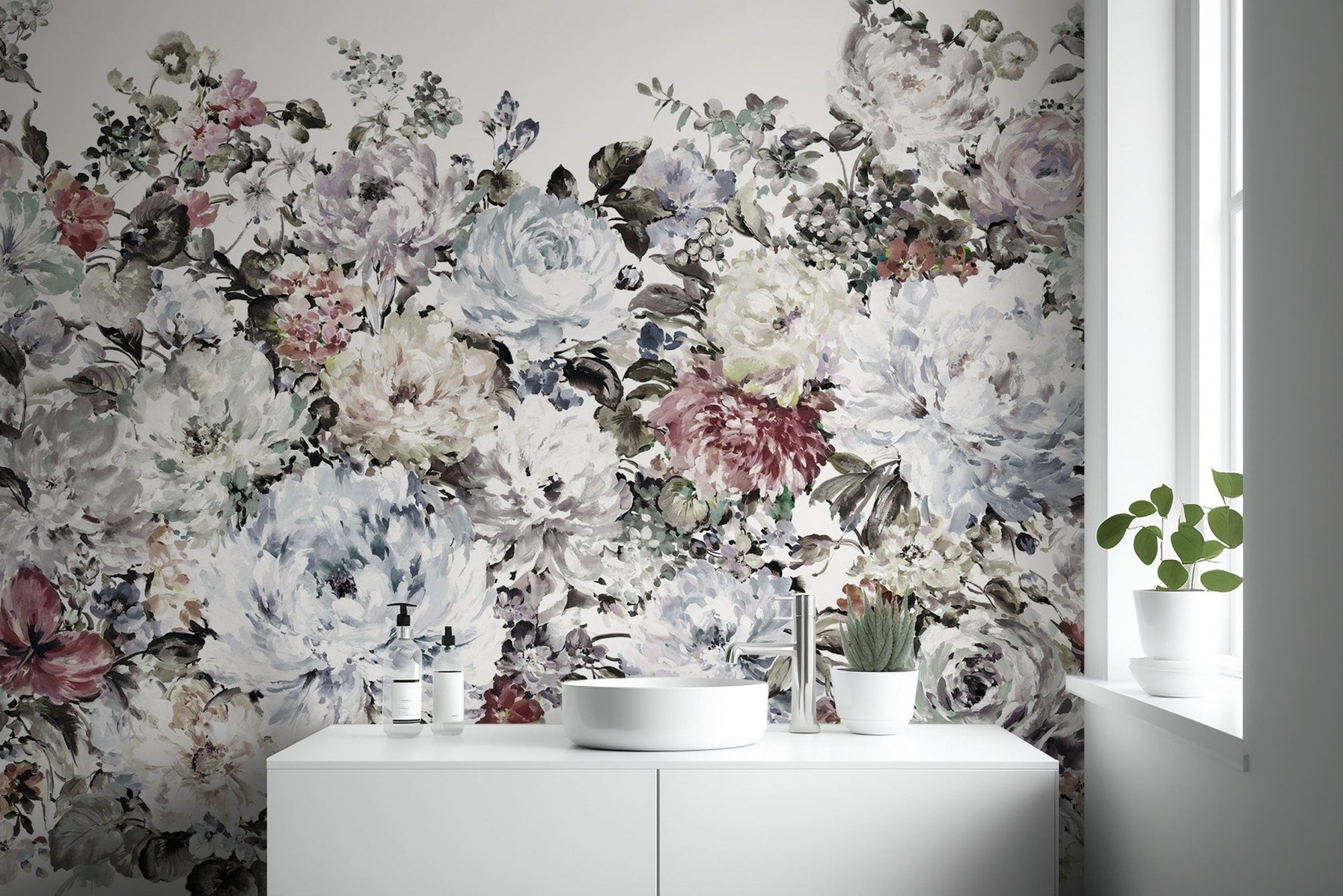 Watercolor peony wallpaper mural with large white botanical blooms.