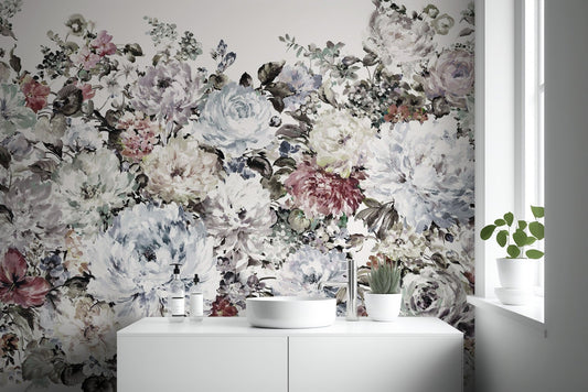 Watercolor peony wallpaper mural with large white botanical blooms.