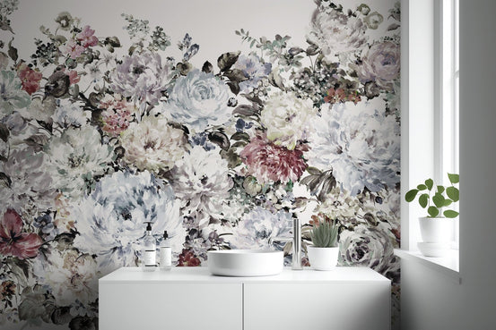 Watercolor peony wallpaper mural with large white botanical blooms.