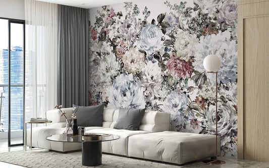 Romantic peony wall mural featuring dark red accent petals.