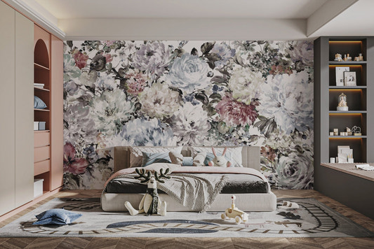 Vintage peony wall mural featuring muted blush and purple flowers.