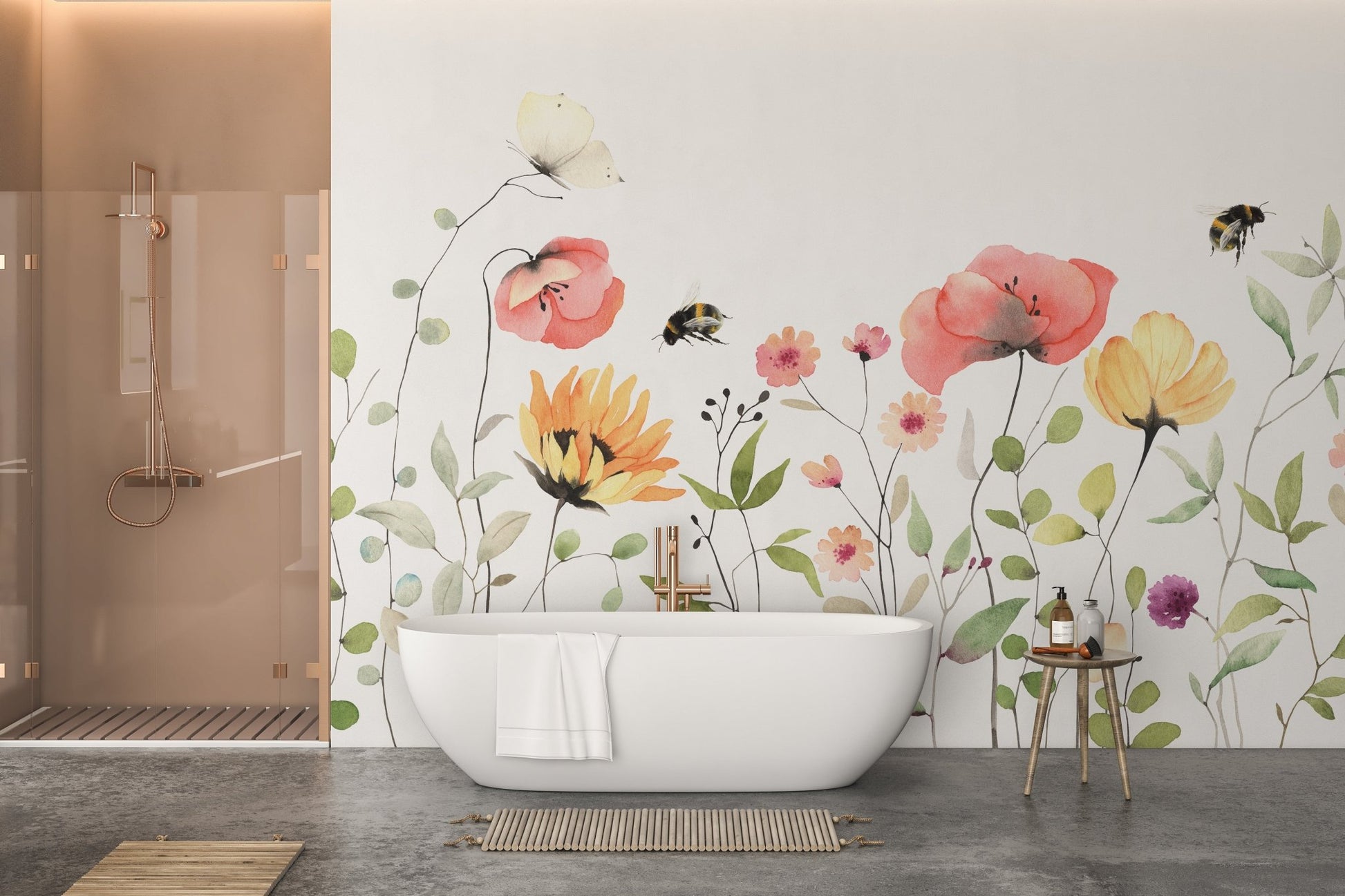 Watercolor petal mural creating a serene and artistic ambiance in bathroom.
