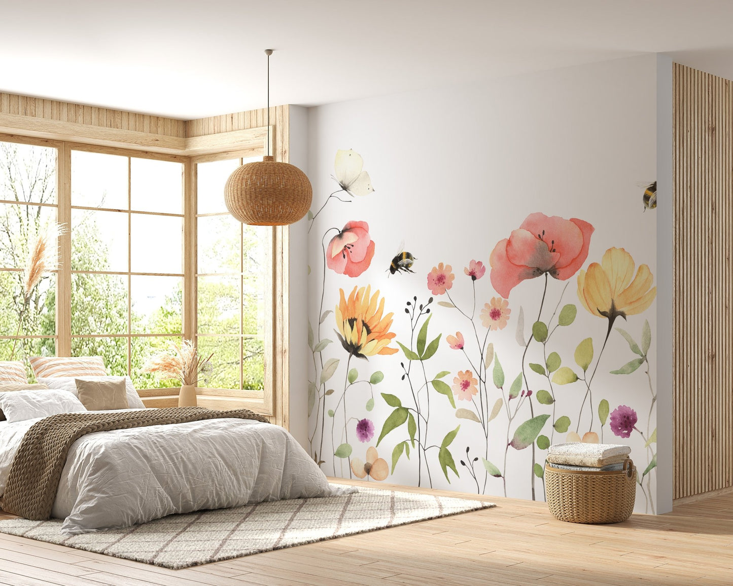 Pastel watercolor petal mural for a calming wall aesthetic in bedroom.