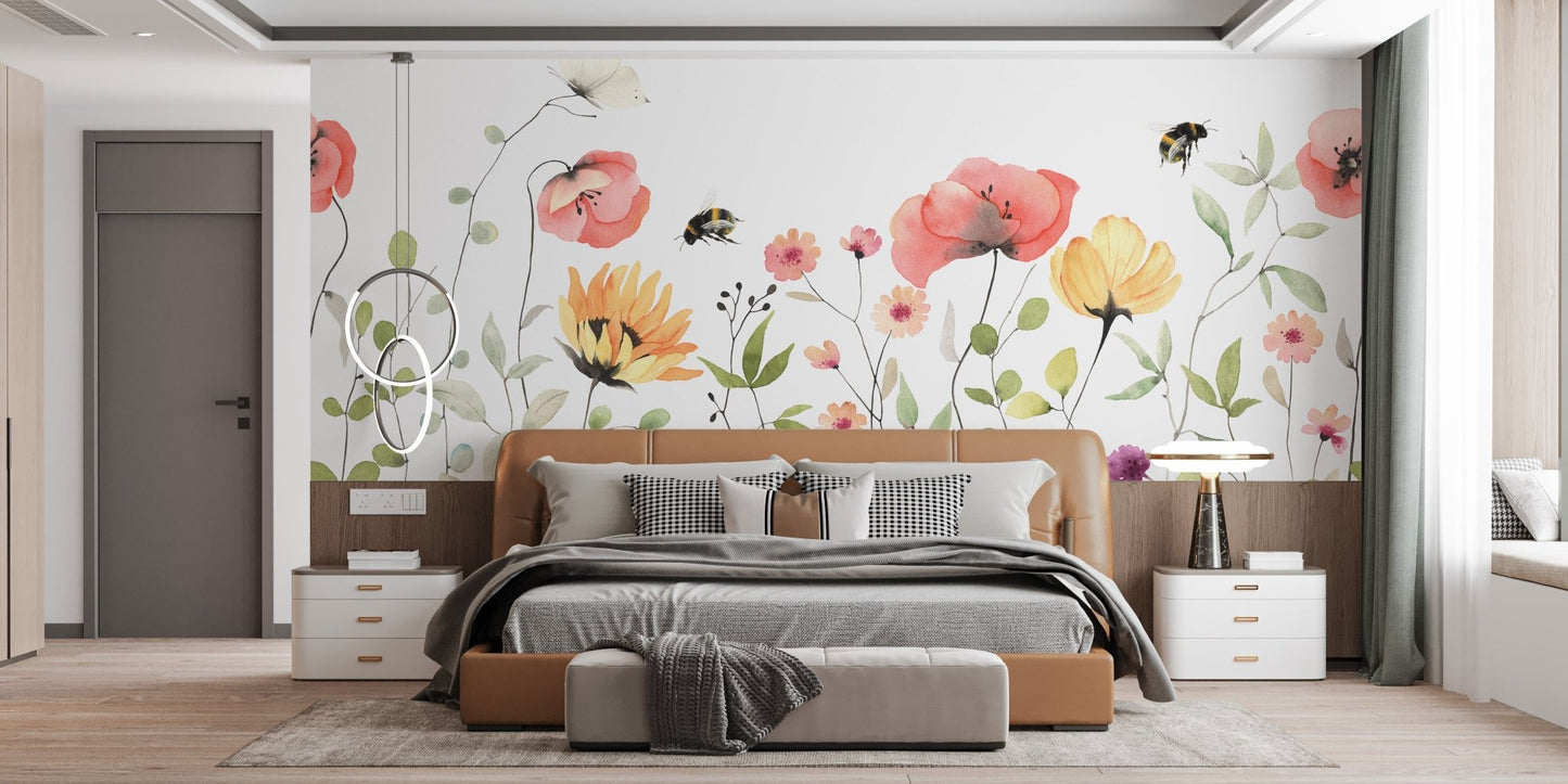 Artistic petal parade mural with flowing watercolor designs in bedroom.

