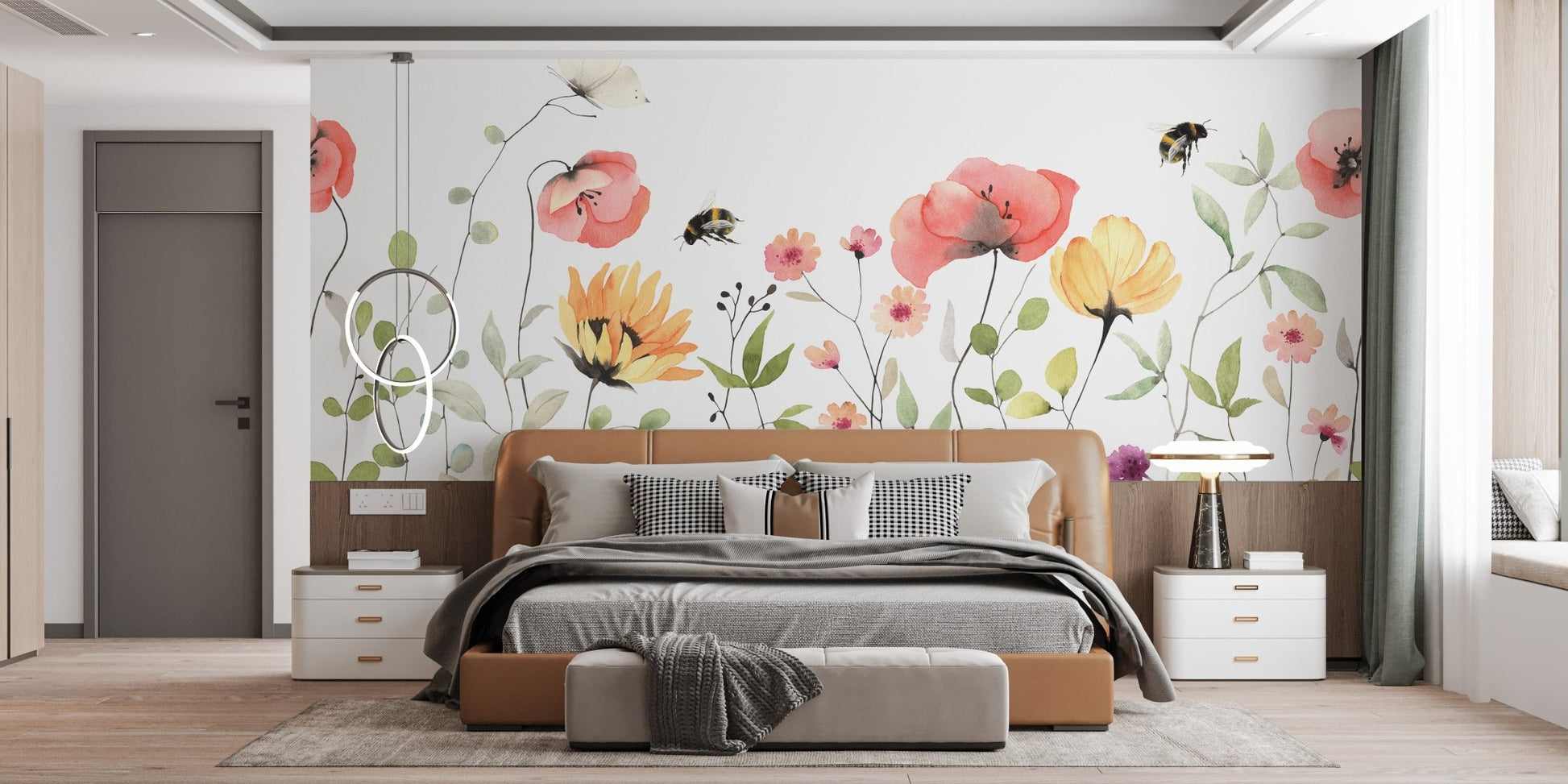 Artistic petal parade mural with flowing watercolor designs in bedroom.
