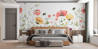 Artistic petal parade mural with flowing watercolor designs in bedroom.
