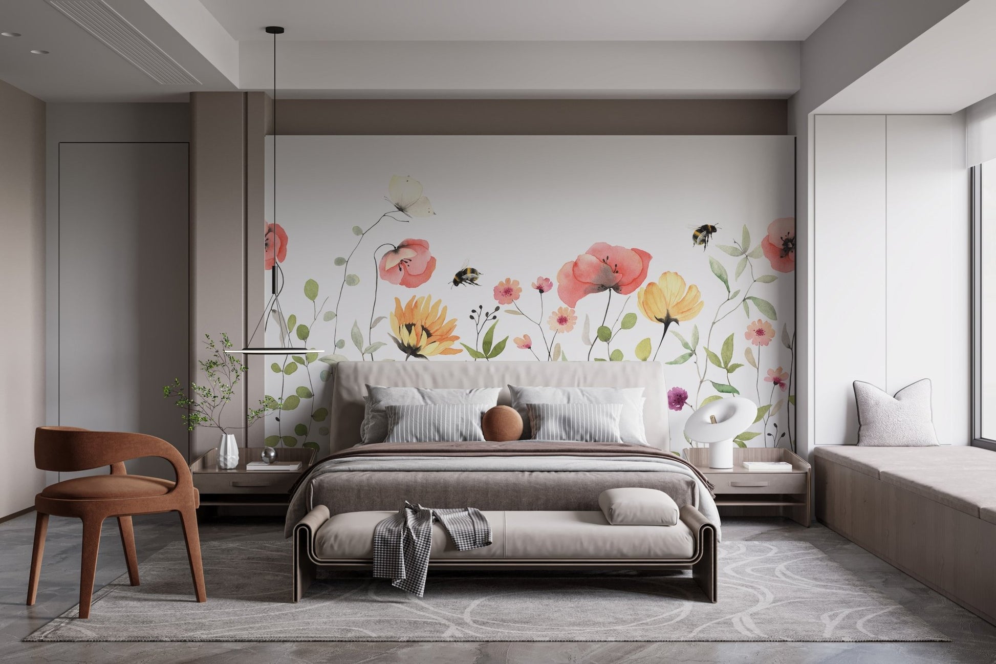 Soft and vibrant watercolor petal mural for stylish bedroom walls.