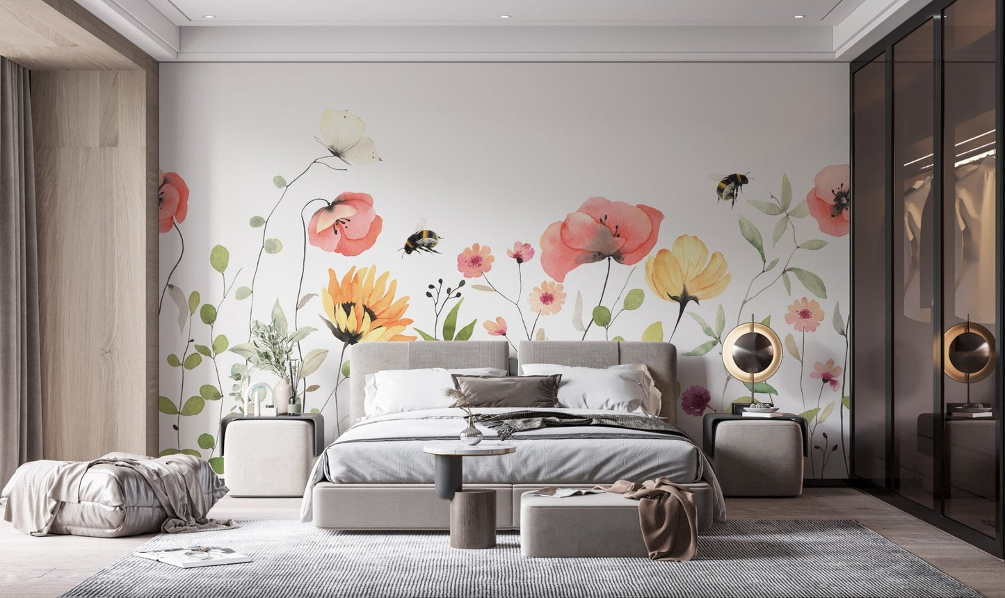 Elegant petal parade mural featuring watercolor blossoms in master bedroom.

