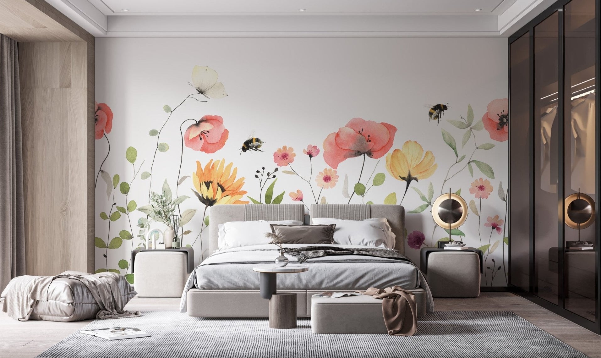 Elegant petal parade mural featuring watercolor blossoms in master bedroom.
