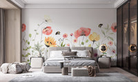 Elegant petal parade mural featuring watercolor blossoms in master bedroom.
