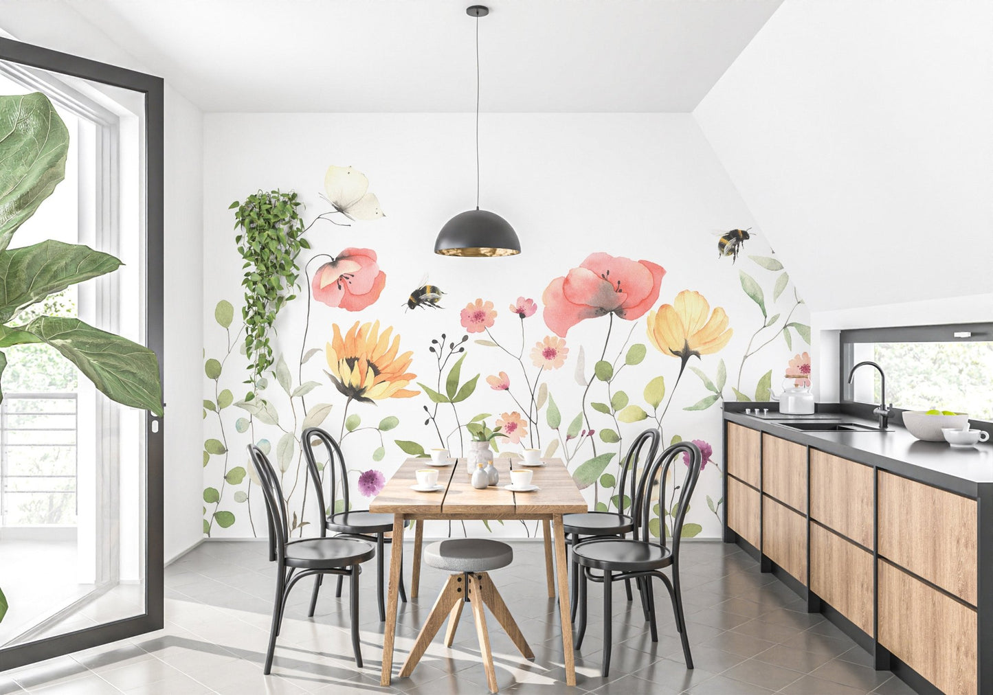 Serene watercolor petal mural adding charm to dining room interiors.