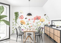 Serene watercolor petal mural adding charm to dining room interiors.