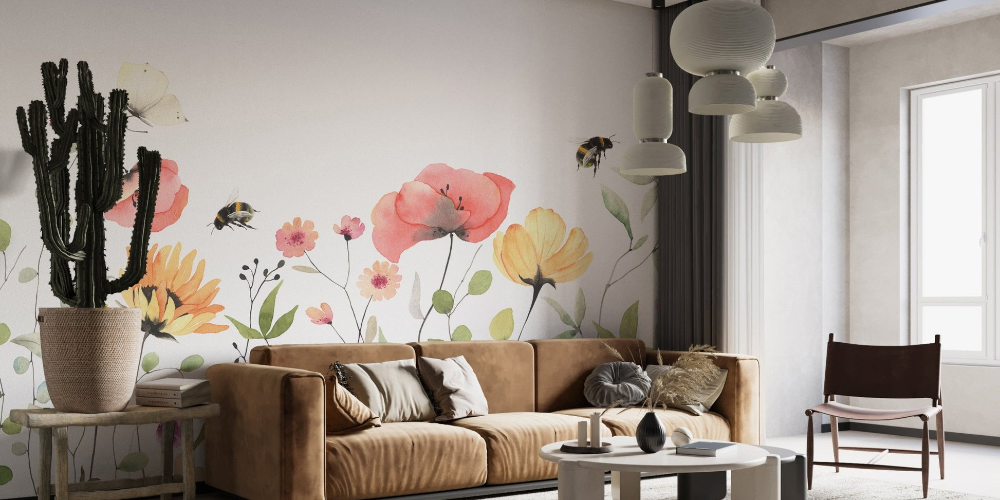 Watercolor mural showcasing a graceful petal parade theme in living area.
