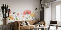 Watercolor mural showcasing a graceful petal parade theme in living area.
