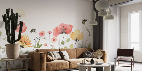 Watercolor mural showcasing a graceful petal parade theme in living area.
