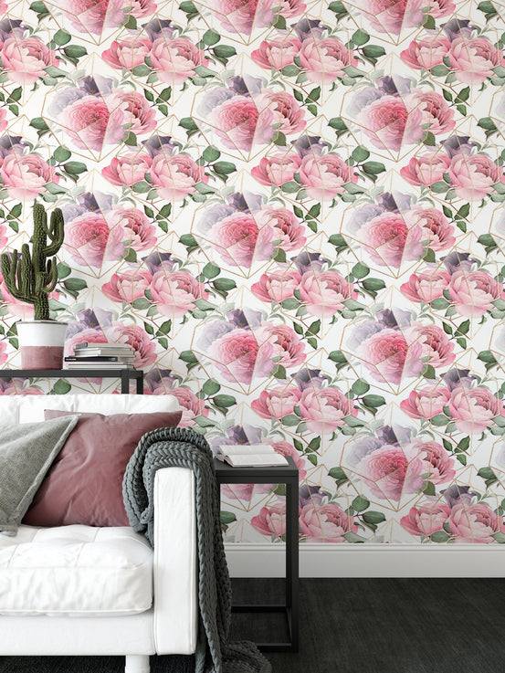 Modern living room wallpaper with pink flowers and a white sofa.